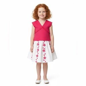 $150 2T Charabia France Toddler Girls 2pc Skirt Set Fuschia White Cotton Easter